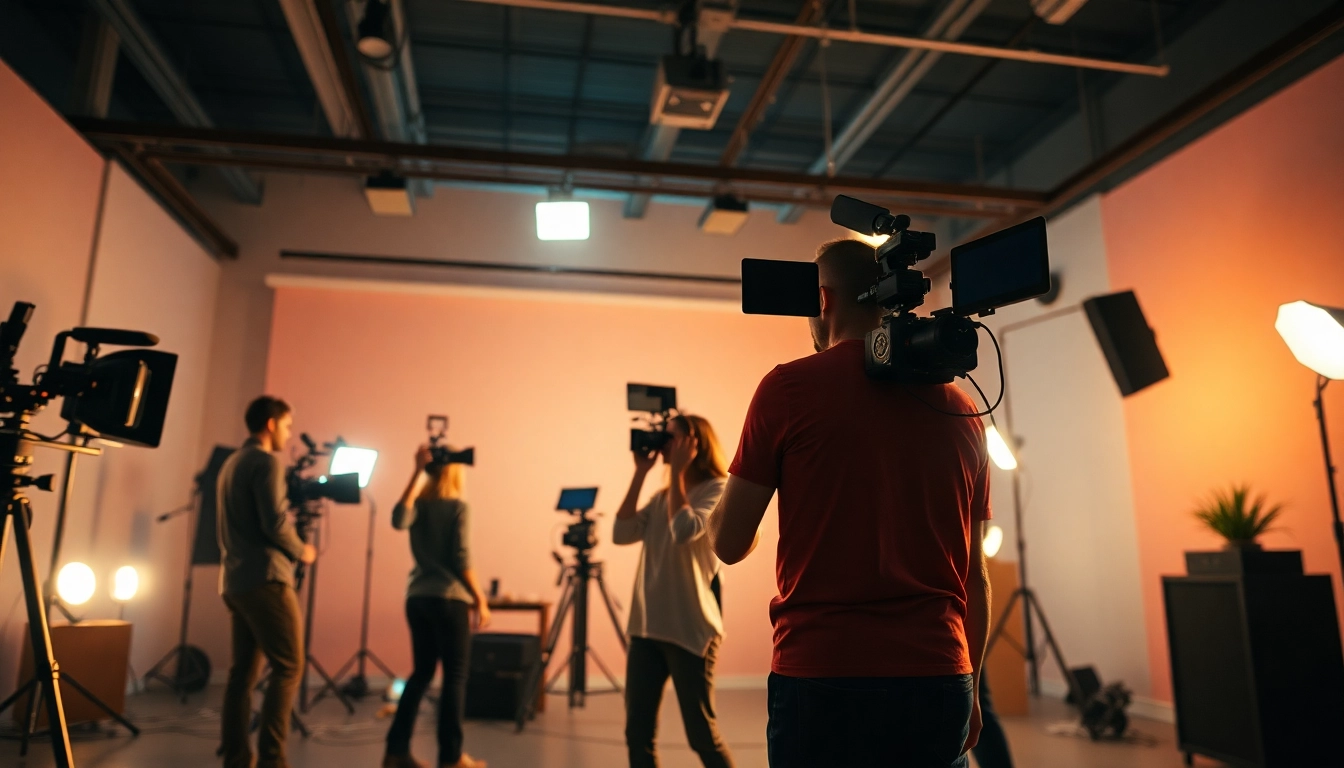 영상업체 creating a dynamic promotional video with a professional team in a vibrant studio.
