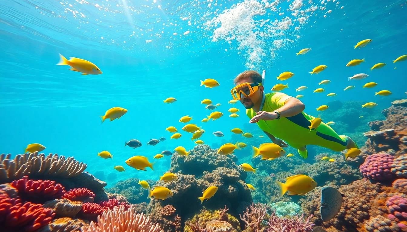 Snorkeling puerto rico scene with a snorkeler surrounded by colorful fish and coral reefs.
