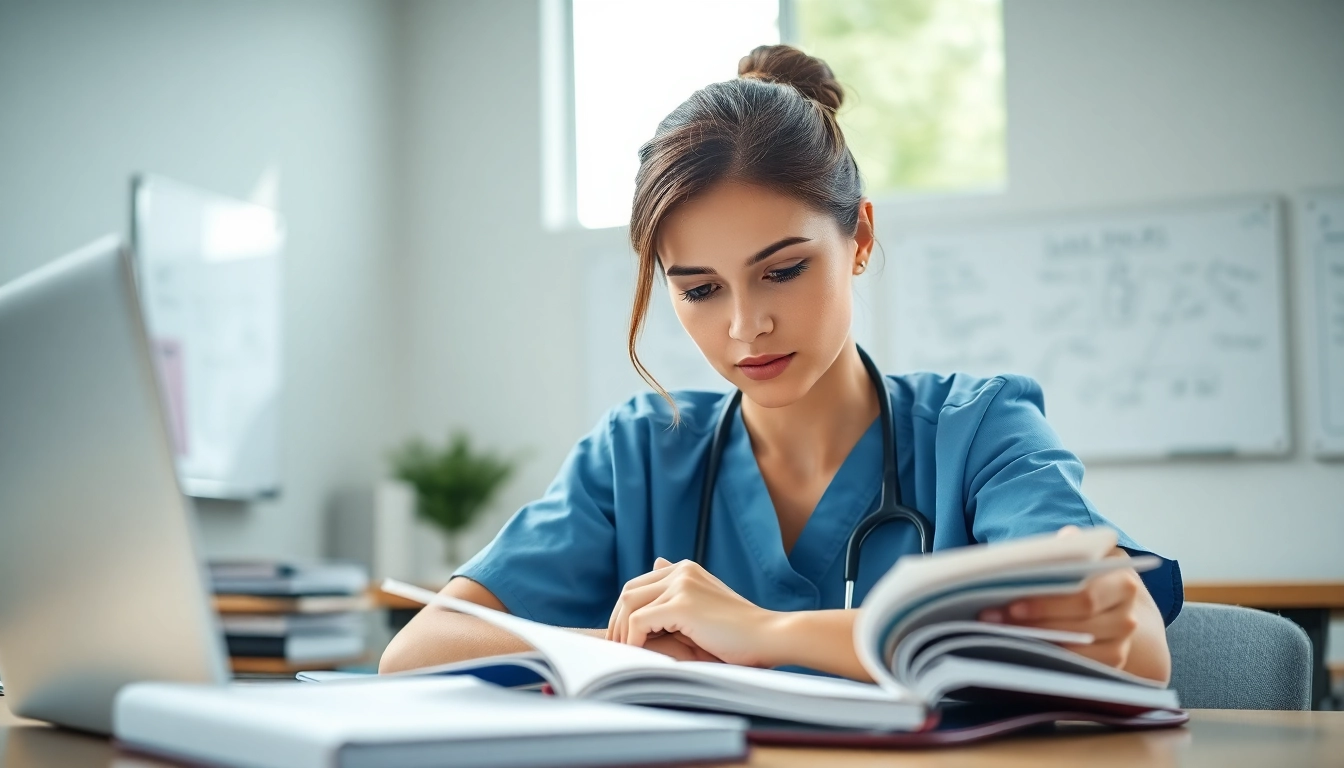 Unidades de educación continua de enfermería: enfermera estudiando en un aula moderna.