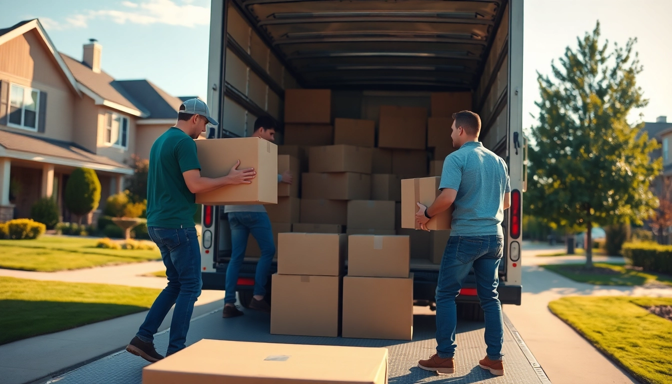 Long-Distance Movers packing a truck with efficiency and organization in a suburb.
