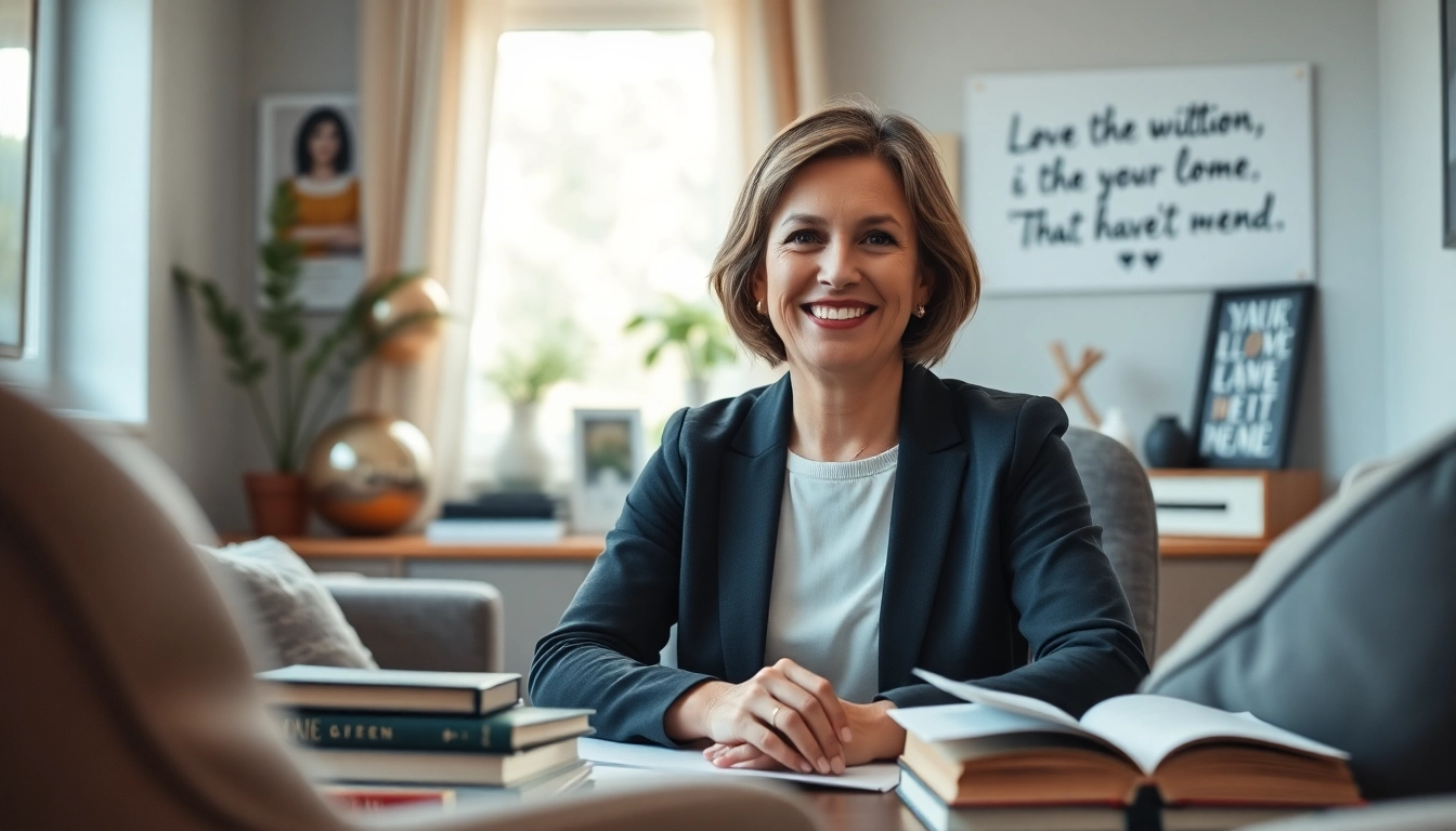 Engaging relationship coach supports clients in a cozy, welcoming office environment.
