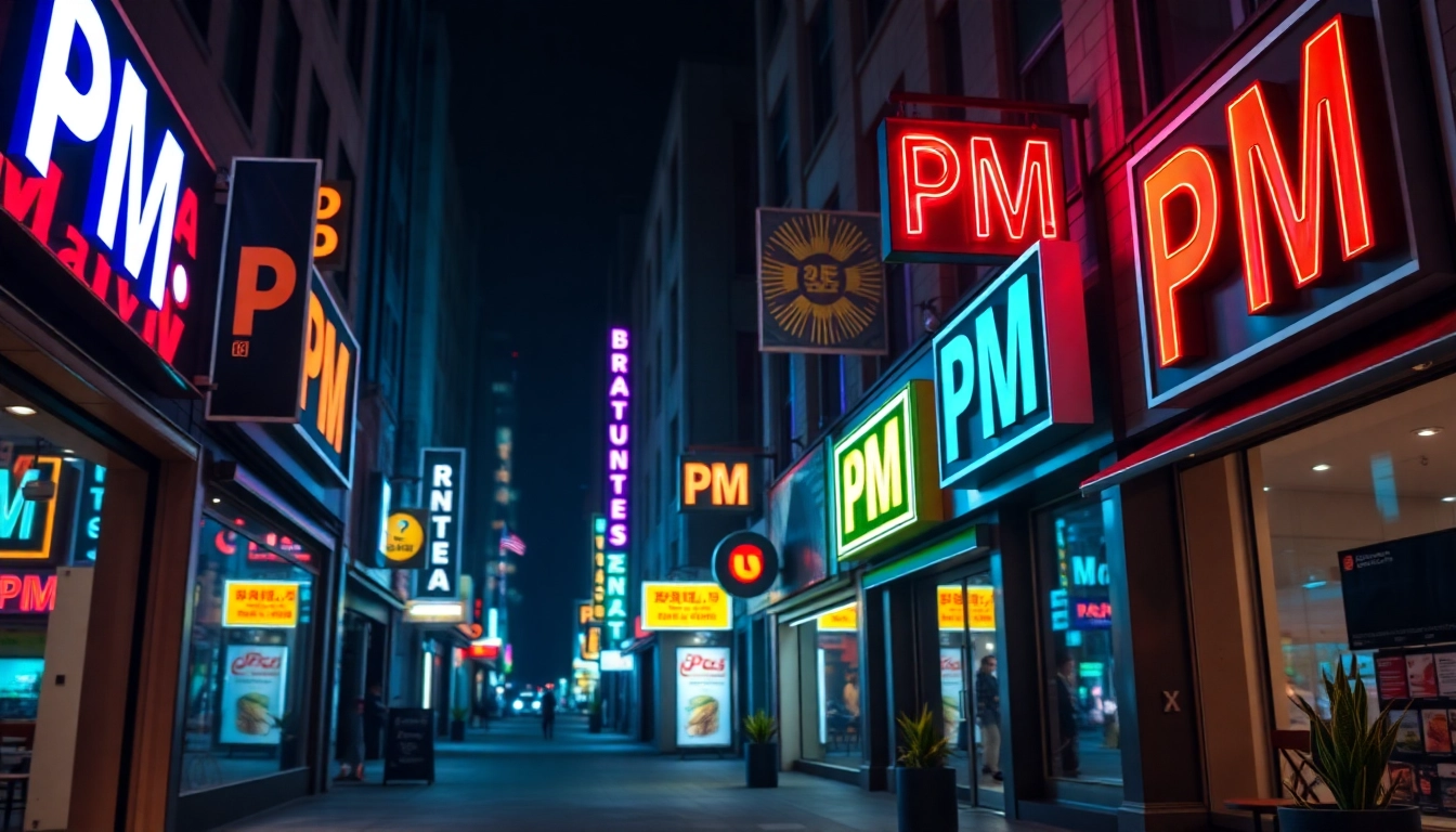 Showcase of vibrant pm signs lighting up an urban street, highlighting unique designs.