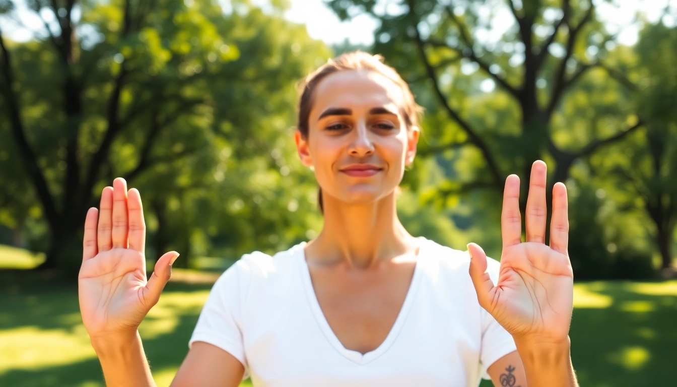 Yoga mudras demonstrated by a practitioner in a peaceful outdoor setting.
