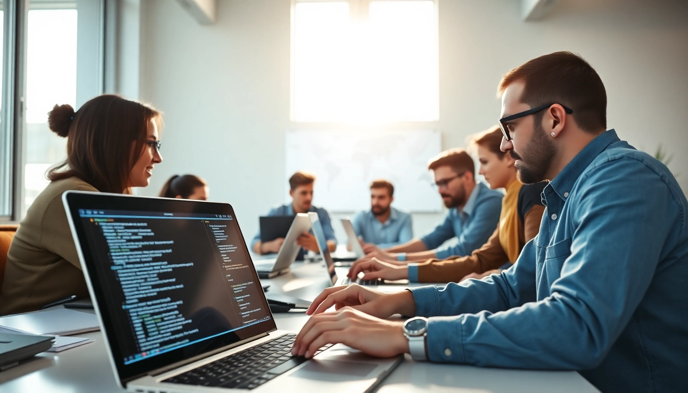 Developers collaborating in web development-focused modern office setting with coding on laptops.