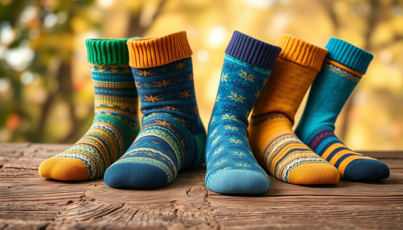 Showcasing 5 Pairs Mixed Socks with colorful designs and patterns on a textured surface.
