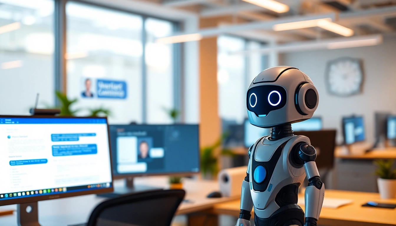 Engaging AI chatbot for website interaction in a modern office, showcasing a user-friendly interface.