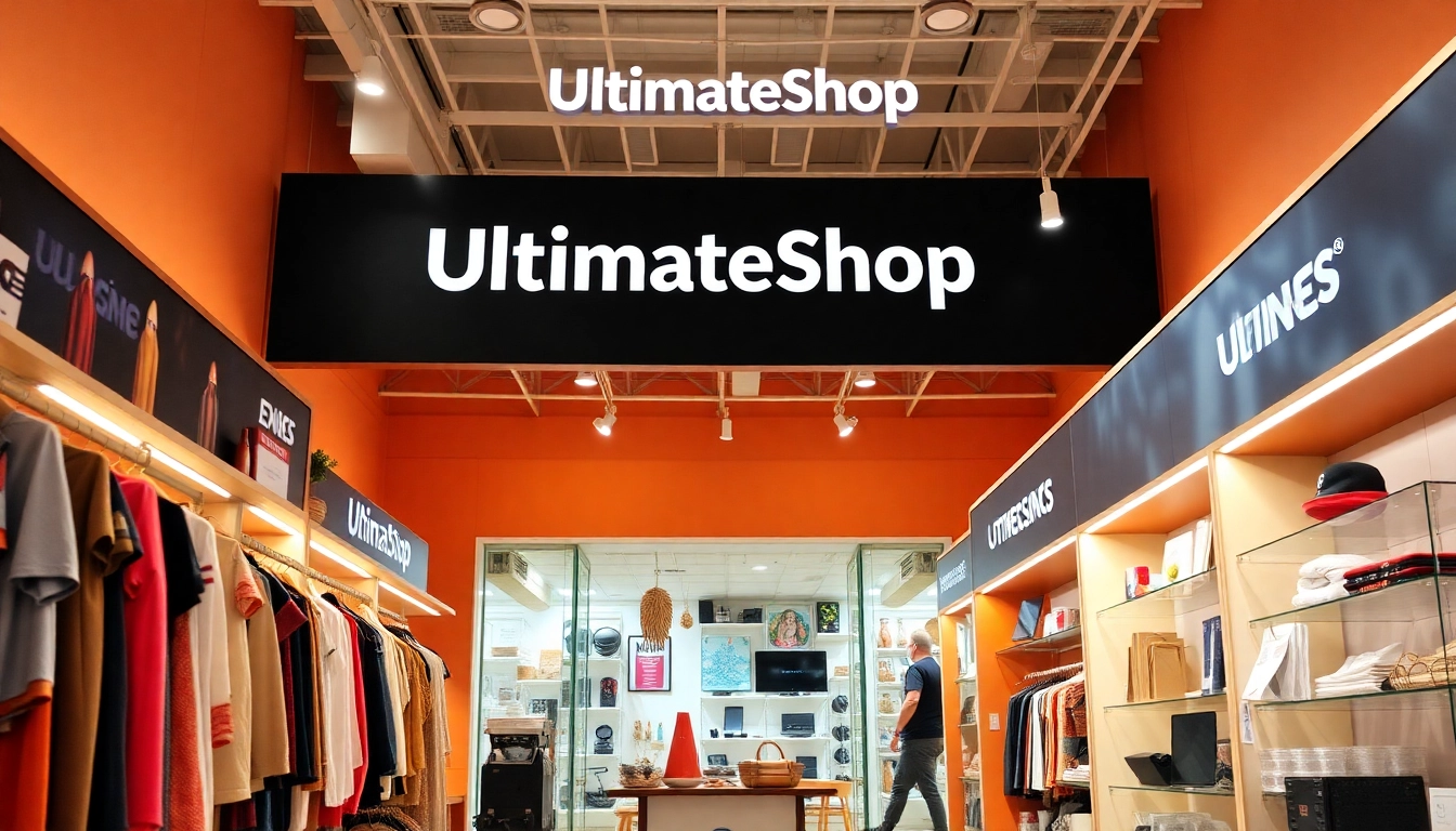 Shop the latest items at ultimateshop, showcasing diverse products in a vibrant setting with warm lighting.