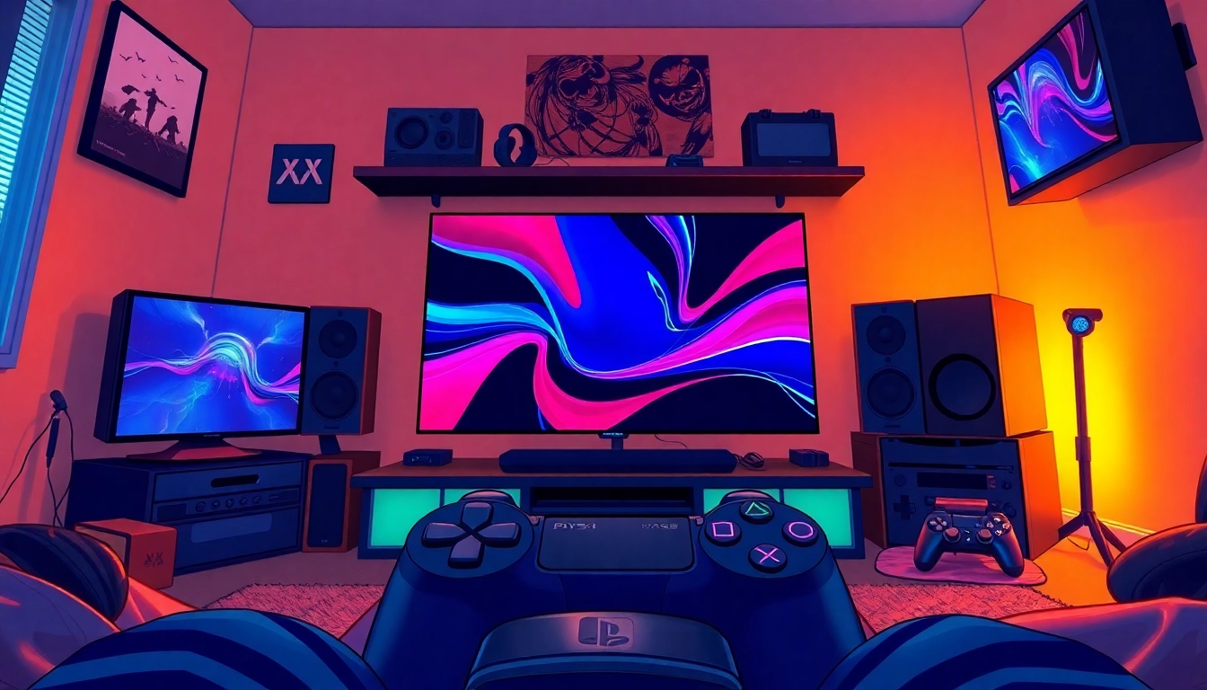 Showcase custom ps4 skins transforming the look of a PlayStation 4 console in a lively gaming setup.